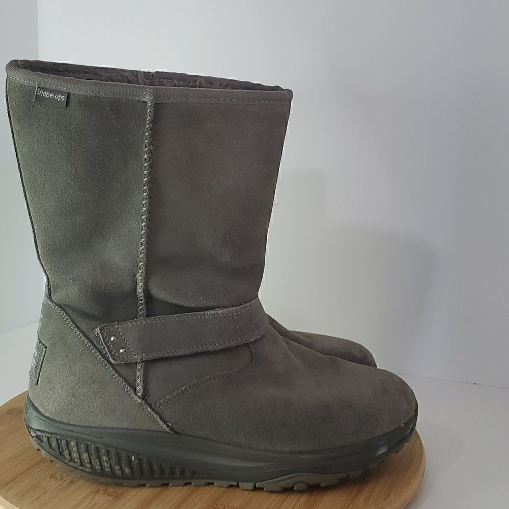 Skechers Women's Shape Ups Gray Leather Suede Bollard Wedge Toning Boots Sz 9